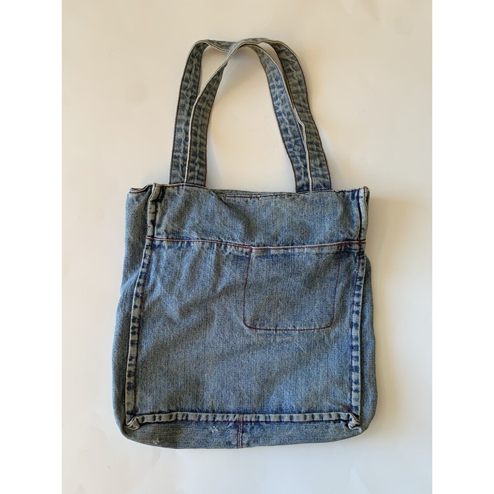 Handmade Upcycled Denim Tote Bag Red Zipper Y2K Grunge DIY Craft Project Blank